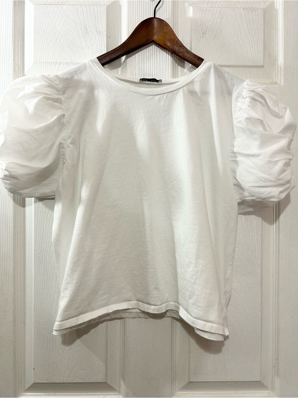 Zara White Puff Sleeve Crop Top T-Shirt Cotton Round Neck Size XL